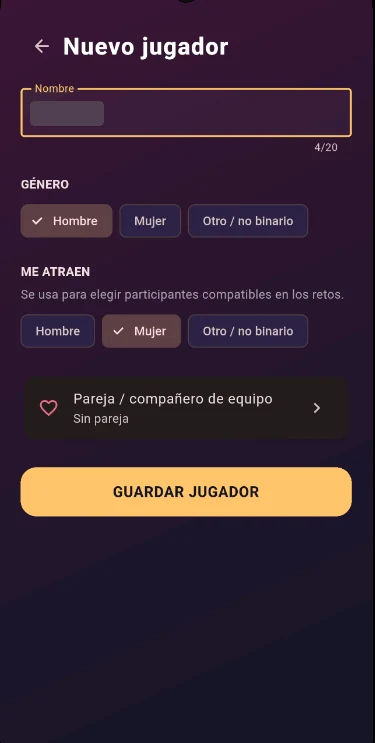 Pantalla real de configuración de un jugador con género, preferencias y pareja; nombre oculto