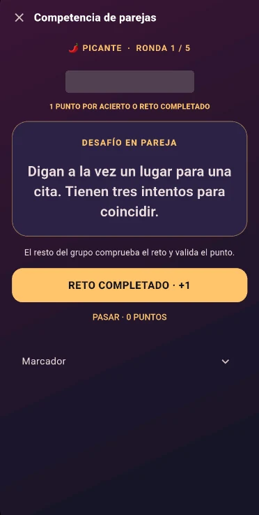 Captura real de Duelo de Parejas: Aparece como «Competencia de parejas» en la app. La captura muestra un desafío en pareja, rondas y puntuación.