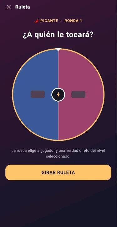 Captura real de Ruleta: La captura muestra una rueda de participantes y un control para girarla. Esta web presenta el modo; no ejecuta el juego.
