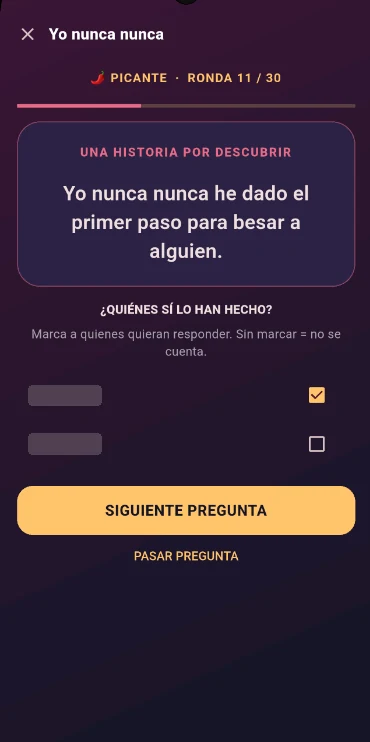 Captura real de Yo Nunca Nunca: La captura muestra una pregunta, respuestas voluntarias y controles para avanzar o pasar.